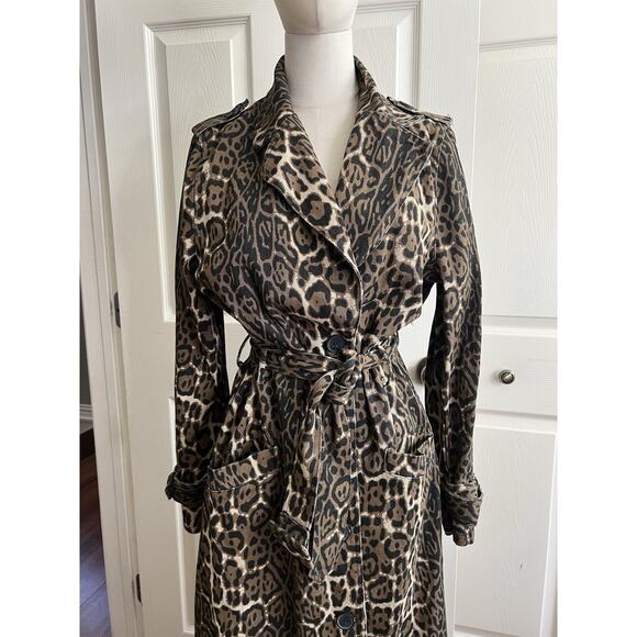 WALKER ROSE Leopard Print Distressed Denim Belted Long Trench Coat - Picture 2 of 13